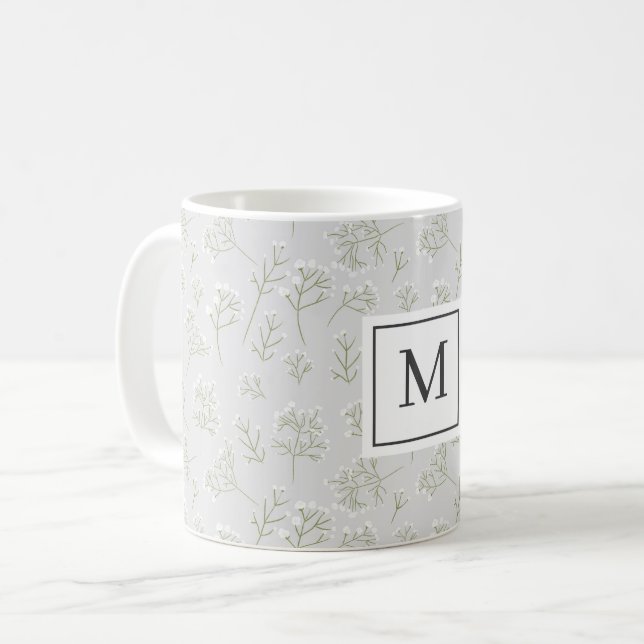 Taza De Café Aliento de Bebé Floral Blanco Monograma Gypsophila (Anverso izquierdo)