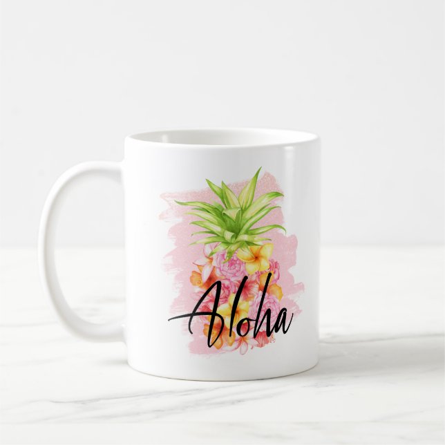 Taza De Café Aloha Floral Bonito de piña rosa Hawaii (Izquierda)