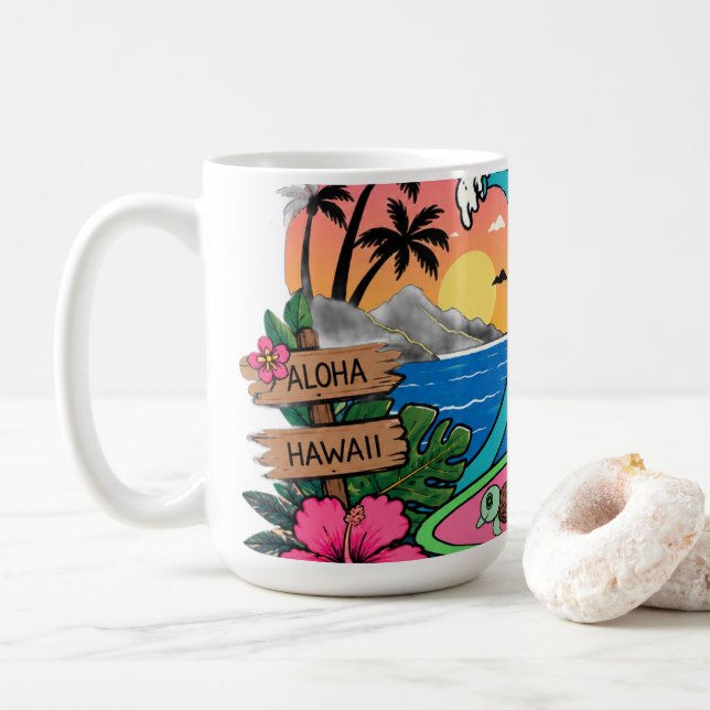 Taza De Café Aloha Gato Soleado Olas (Con donut)