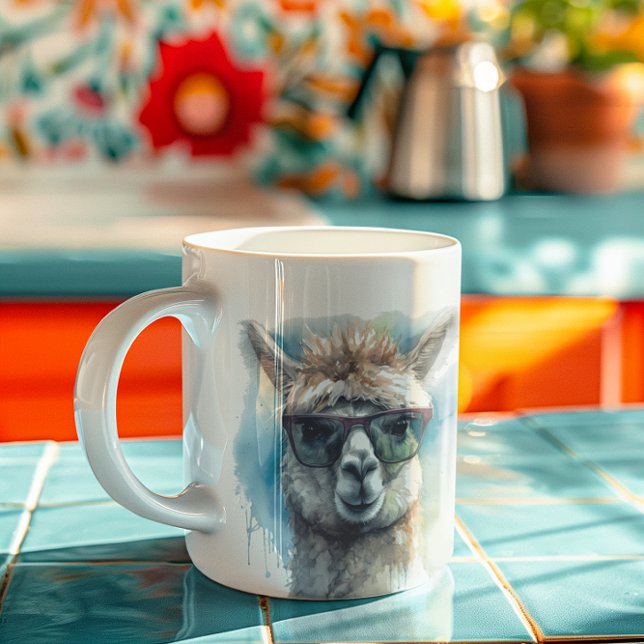 Taza De Café alpaca blanca linda con gafas de sol (Subido por el creador)