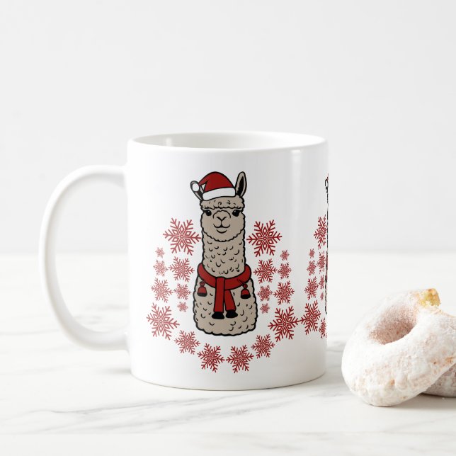 Taza De Café Alpaca Cubierta Con Copos De Nieve Rojos (Con donut)