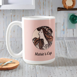 Taza De Café Alphonse Mucha Art Nouveau Mujer Con Flores Rosa
