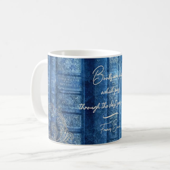 Taza De Café Alte Bücher - goldene Ornamente - blau  |  (Anverso izquierdo)