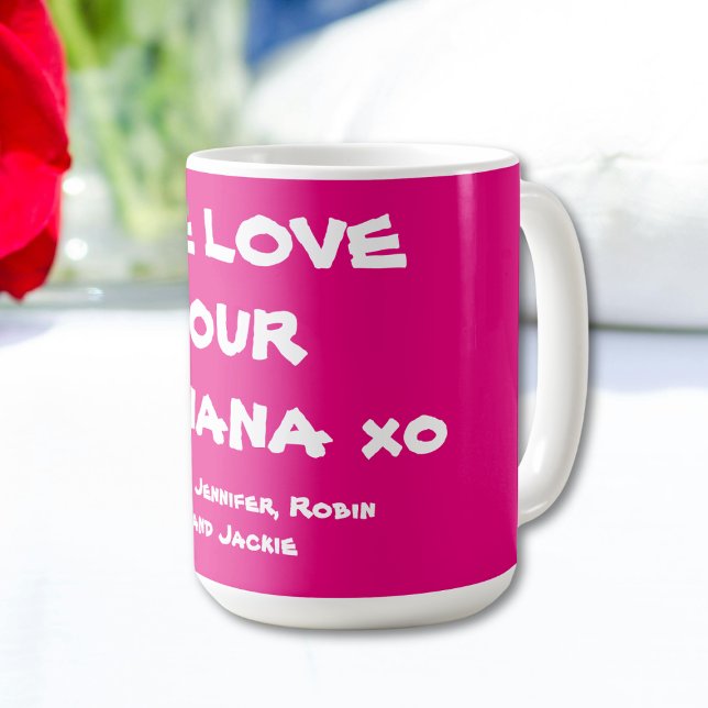 Taza De Café 'Amamos Nuestra Nana' Nombres Personalizados Simpl (We Love Our Nana' Customized Names Simple Bright Pink Coffee Mug.)