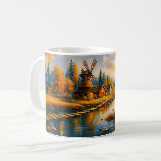 Taza De Café Amanecer en el pueblo del molino de viento