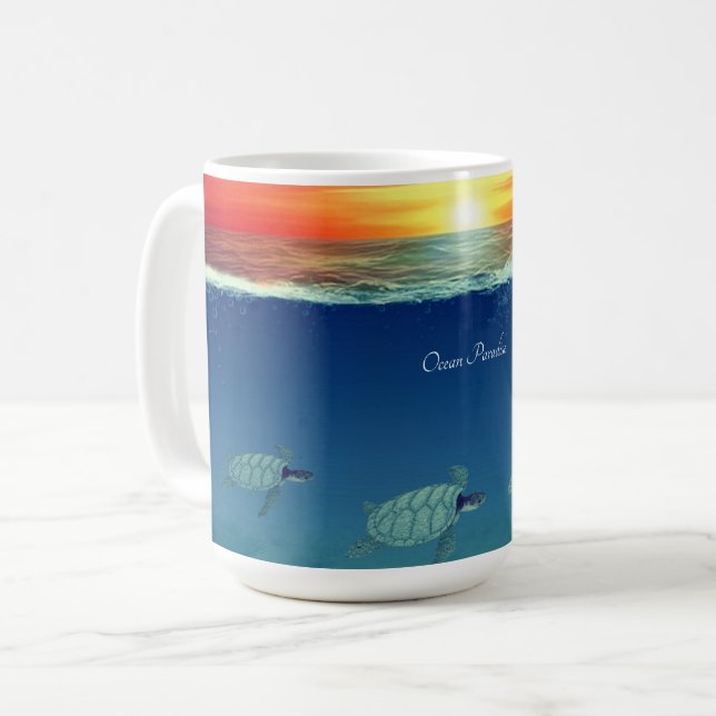 Taza De Café Amanecer oceánico, tortugas marinas y caligrafía (Anverso izquierdo)