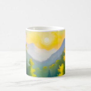 Taza De Café Amanecer sobre montañas y lago cubiertos de nieve