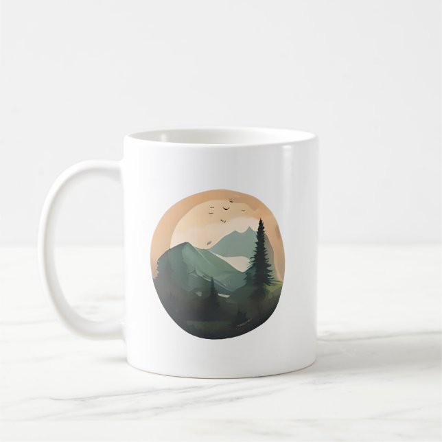 Taza De Café Amanecer sobre picos: Una tranquila escena de mont (Izquierda)