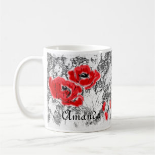 Taza De Café Amanecidas plumas mano dibujada amapolas rojas flo