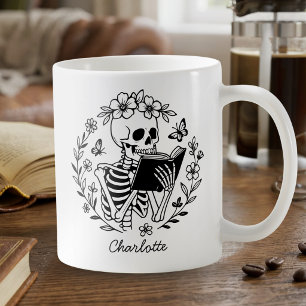 Taza De Café Amante de los libros leyendo esqueleto negro y bla