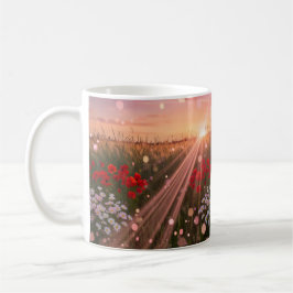 Taza De Café Amapola y prado de margaritas al atardecer – Haz d