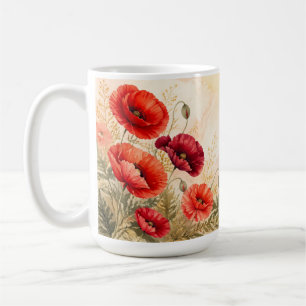 Taza De Café Amapolas rojas elegantes acuarela floral