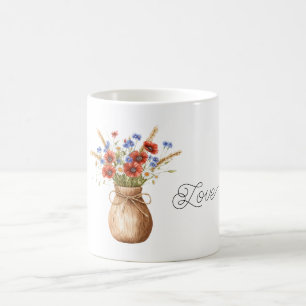 Taza De Café Amapolas Rojas Flores Azules
