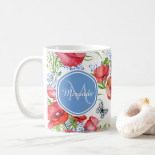 Taza De Café Amapolas rojas preciosas con las mariposas azules