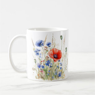 Taza De Café Amapolas y acianos: Acuarela de prado rústico