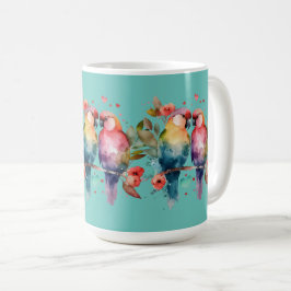 Taza De Café Amar a los pájaros en una rama rodeada de corazone