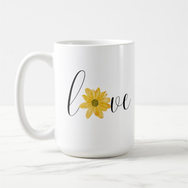 Taza De Café Amar la flor amarilla Groovy escritura hippie (Izquierda)