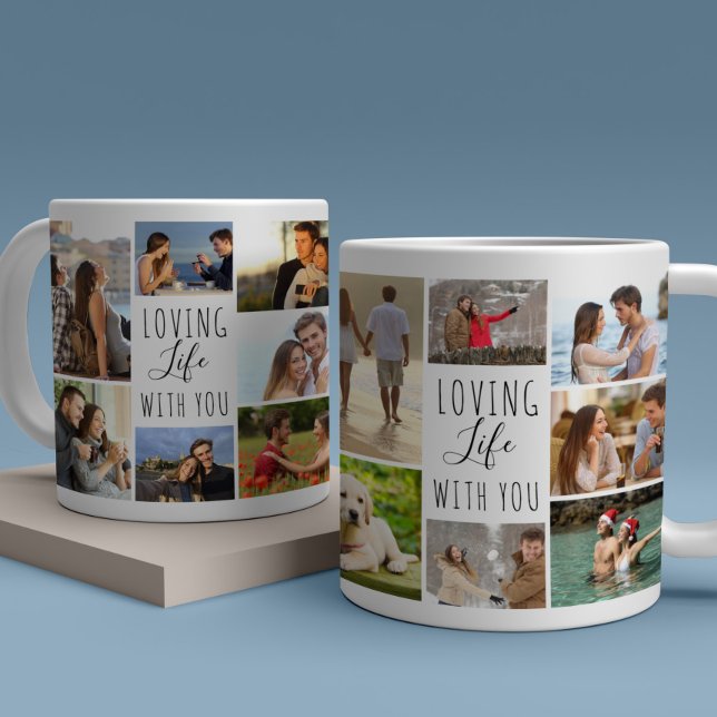 Taza De Café Amar La Vida Contigo 14 Collages de fotos Blanco (Loving Life with You photo collage mug)