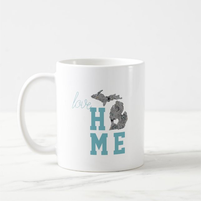 Taza De Café Amar Michigan Hogar Con Cepas Gris Y Azul (Izquierda)