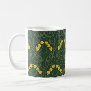 Taza De Café Amarillo Art Nouveau Narcisos y Tallos Verdes