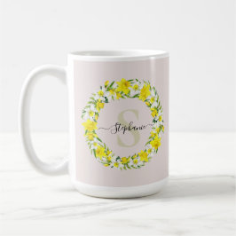 Taza De Café Amarillo Blanco Daffodil Garland Monograma Nombre