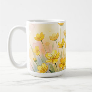 Taza De Café Amarillo Soleado Wildflower Acuarela