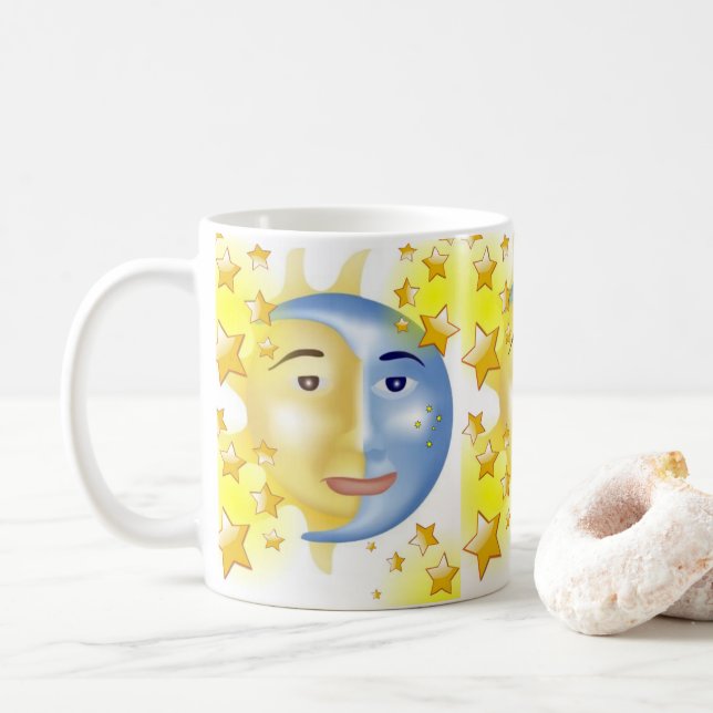 Taza De Café Amarillo Sun Blue Moon Estrellas Amarillas Mug (Con donut)