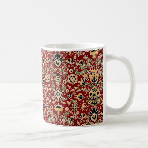 Taza De Café Amarillo, verde, negro sobre rojo profundo