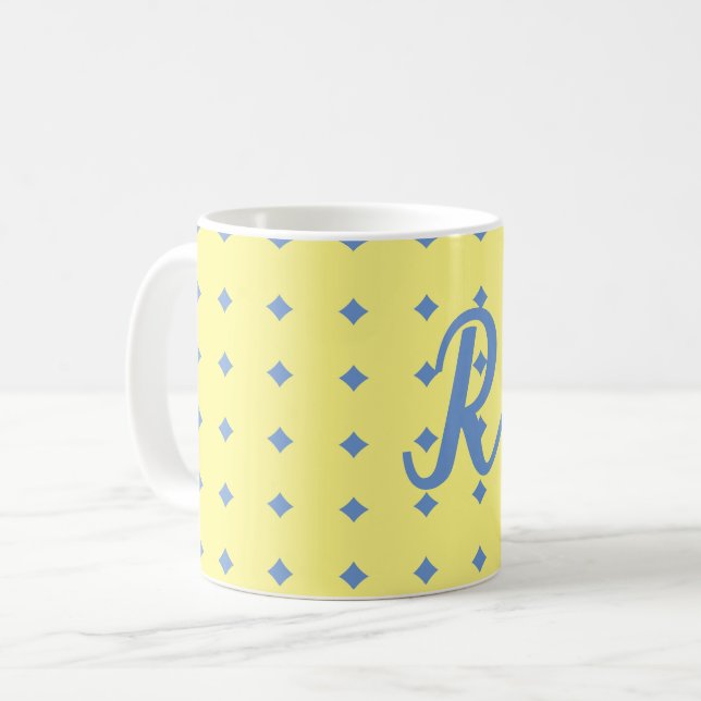Taza De Café amarillo y azul, patrón de bonito, mug de monogram (Anverso izquierdo)