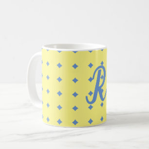 Taza De Café amarillo y azul, patrón de bonito, mug. monogramo
