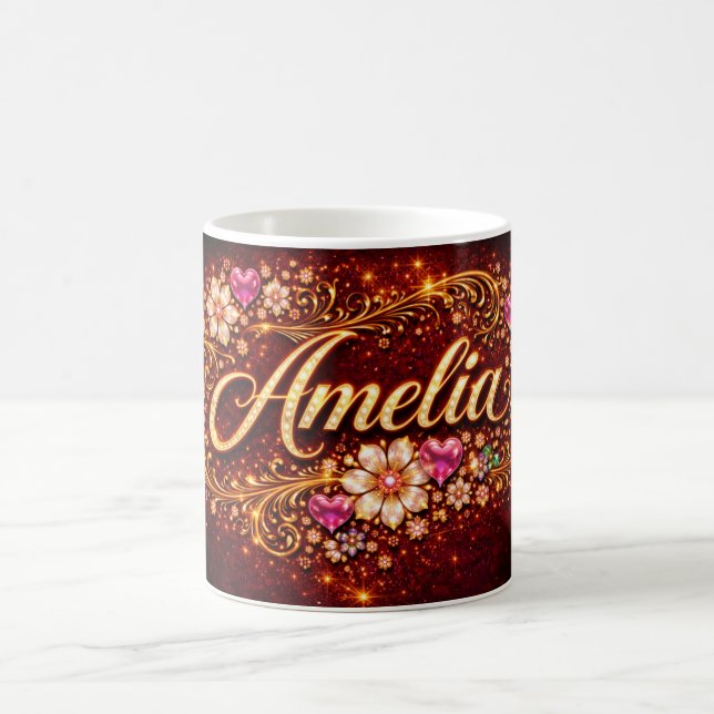 Taza De Café Amelia Custom Mug Pink Heart Emerald Gold Romantic (Centro)