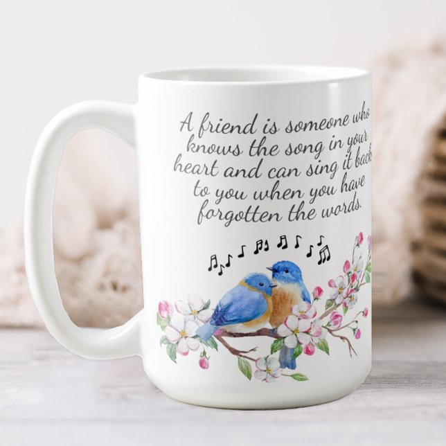 Taza De Café Amistad Floral (A pretty floral mug decorated with birds and flowers and a quote about friendship.)