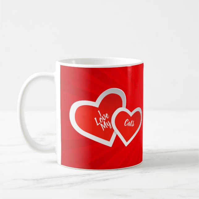 Taza De Café "Amo" corazones rojos y blancos, lindos. (Izquierda)