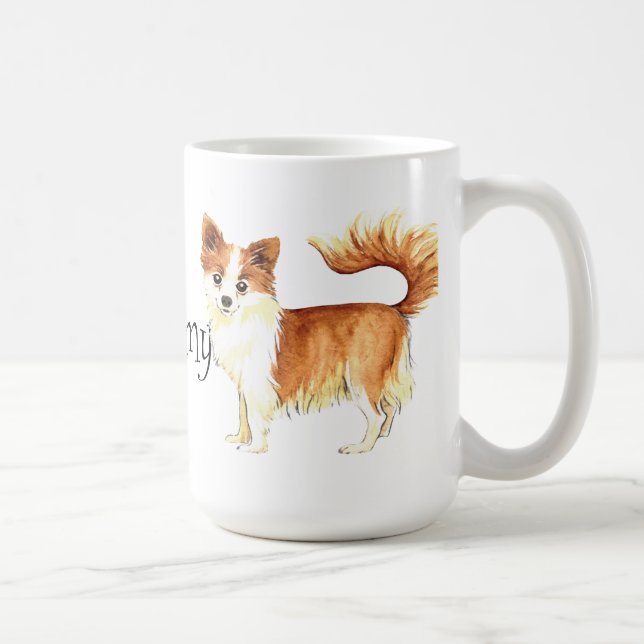 Taza De Café Amo mi chihuahua larga de la capa (Derecha)