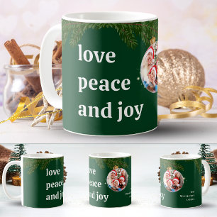 Taza De Café Amor Paz Alegría Navidad Familia Foto Verde Bosque