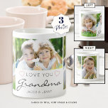 Taza De Café AMOR personalizado GRANDMA manuscrito 3 Foto<br><div class="desc">Crea un tazón de fotos de keepsake para una abuela con 3 fotos y titulado "AME A TU ABUELO" en escritura moderna escrita a mano con el acento de los corazones con los nombres de sus nietos o tu mensaje personalizado en tu elección de colores (mostrado con texto gris y...</div>