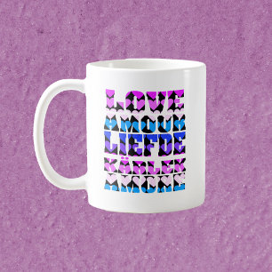 Taza De Café Amor Tipografía Muchos Idiomas Corazones Rosa