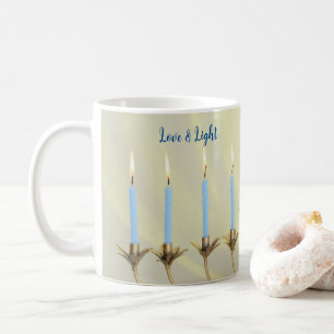 Taza De Café Amor y velas azules claras Menorah dorada