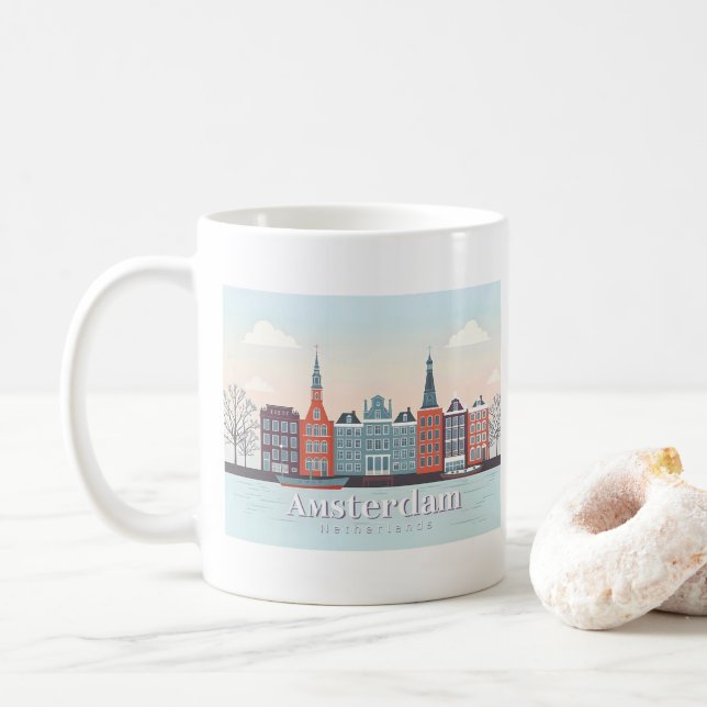 Taza De Café Ámsterdam Países Bajos Damrak Pastel Travel Design (Con donut)