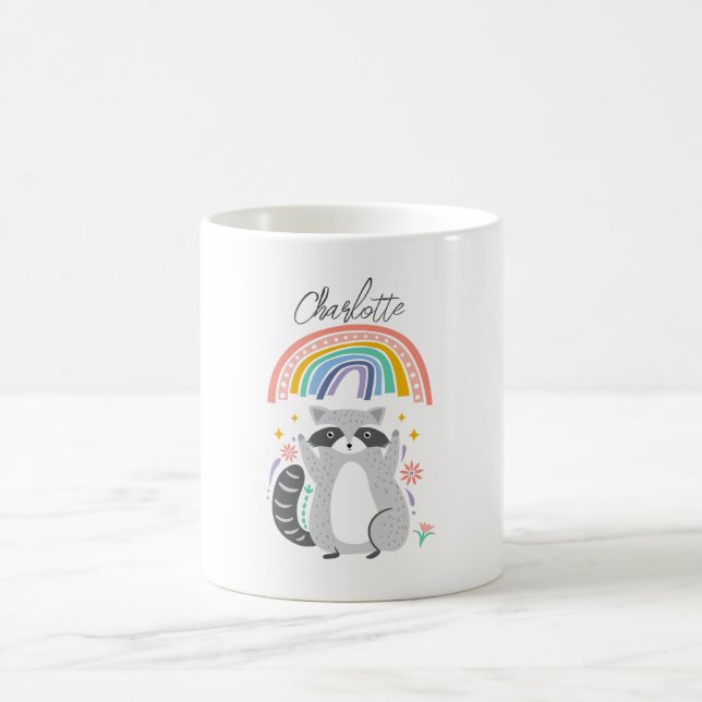 Taza De Café Añadir nombre al mapache y arco iris (Centro)