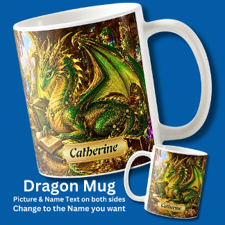 Taza De Café Añadir Nombre Dragón Verde Oro con Libro & Café