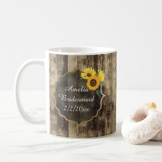 Taza De Café añadir nombre Rústico Boda Bridesmaid girasol (Con donut)
