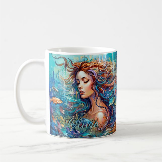 Taza De Café Añadir nombre sirena submarina en el mar, pez cabe (Izquierda)