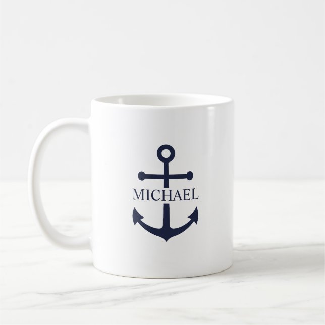 Taza De Café Ancla Azul Marítimo Personalizada (Izquierda)
