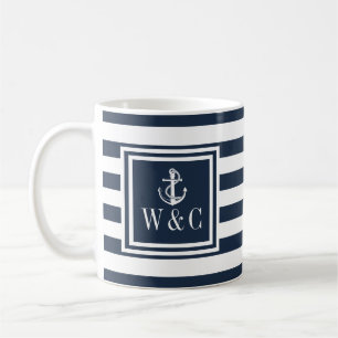 Taza De Café Ancla de barco de franja azul marino Monograma
