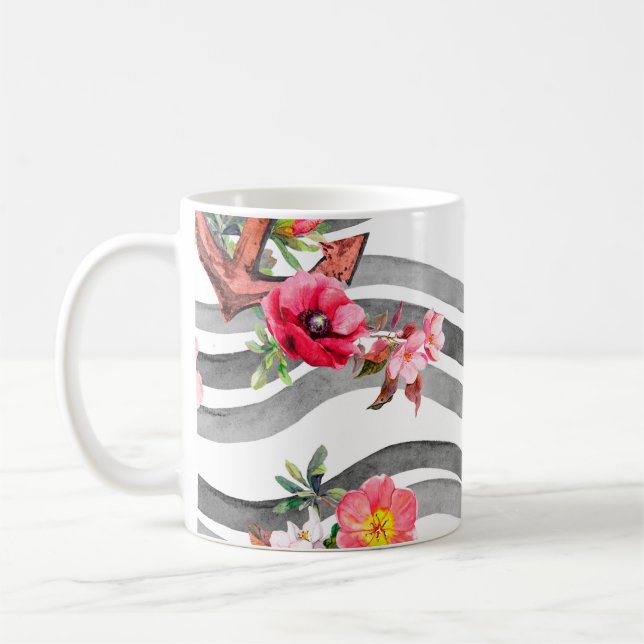 Taza De Café Ancla, flores y olas. Patrón sin inconvenientes (Izquierda)