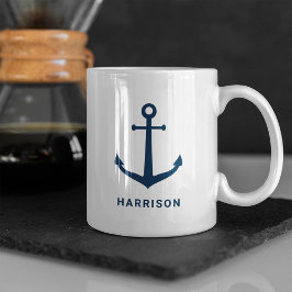 Taza De Café Ancla Monograma Nombre Azul Marino Náutico