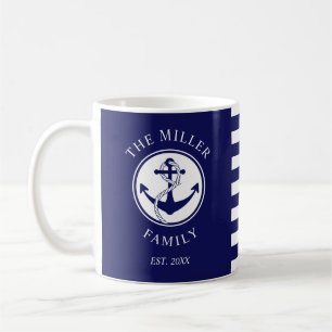 Taza De Café Ancla Náutica Azul Personalizada con Apellido de F