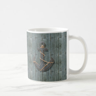 Taza De Café Ancla náutica de madera de la playa verde azulada