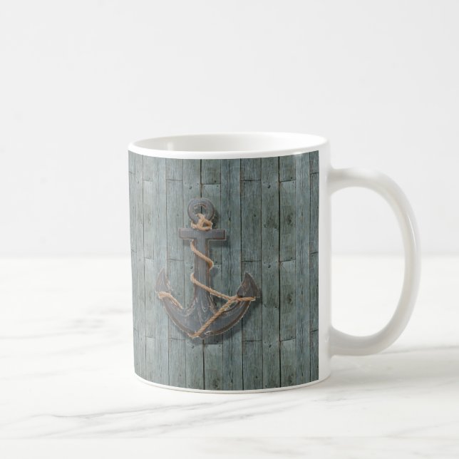 Taza De Café Ancla náutica de madera de la playa verde azulada (Derecha)